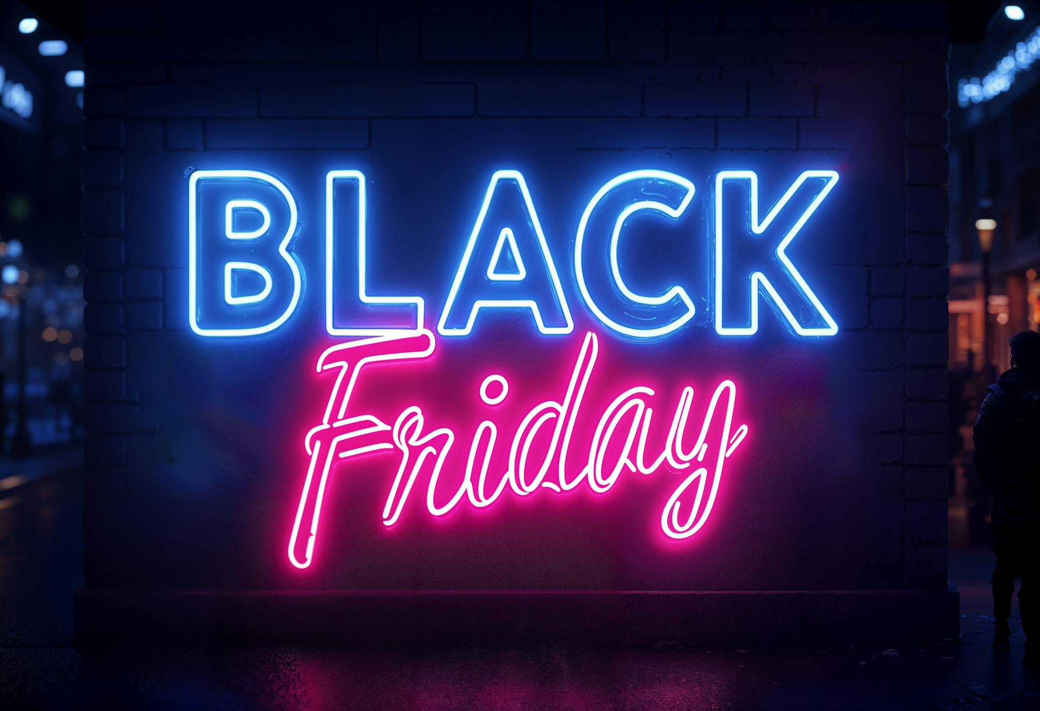 Bright neon Black Friday sign glowing at night in New Jersey, perfect for retail promotions.